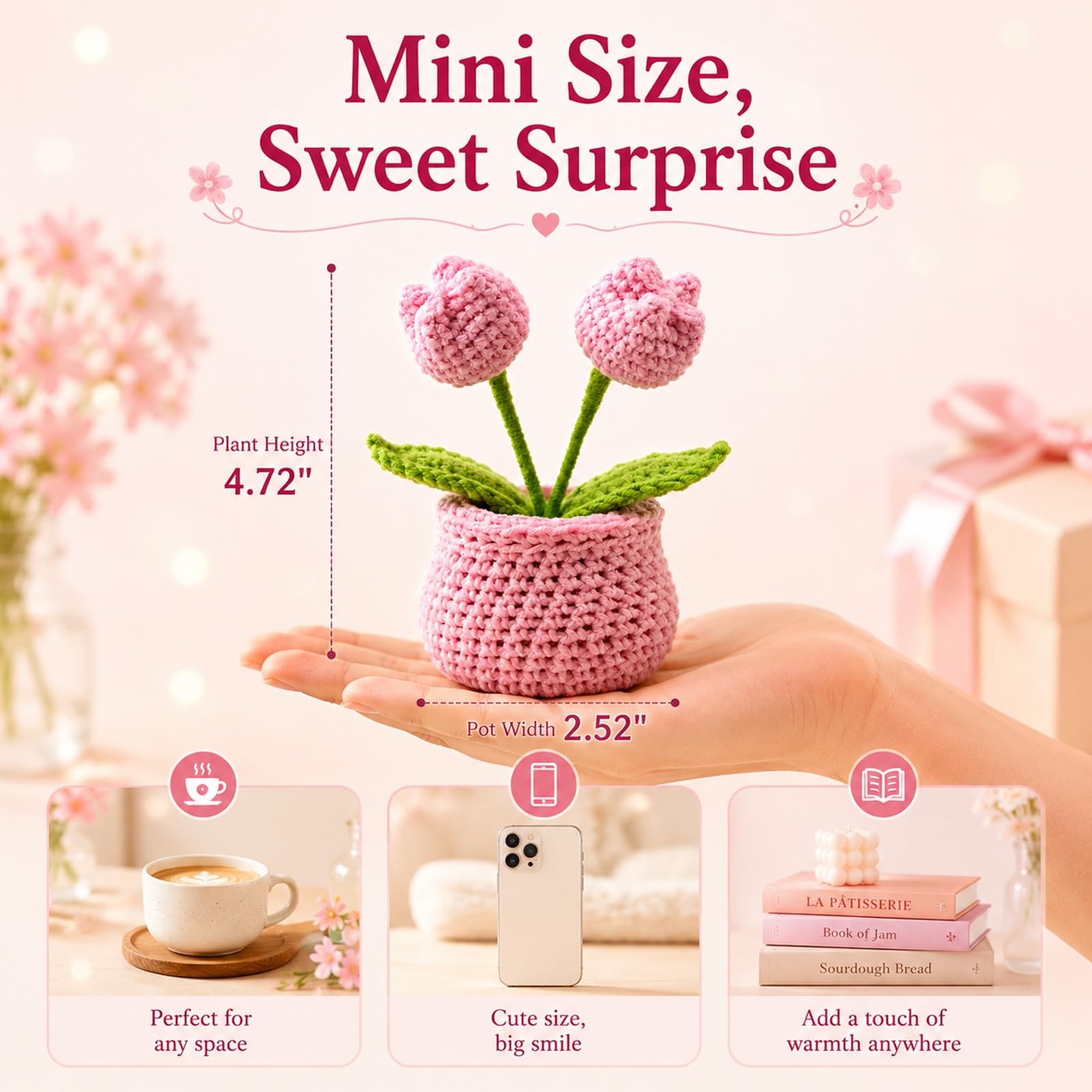 Crochet Tulip Flower Pot Pink Handmade Gift For Women Desk Shelf Decor