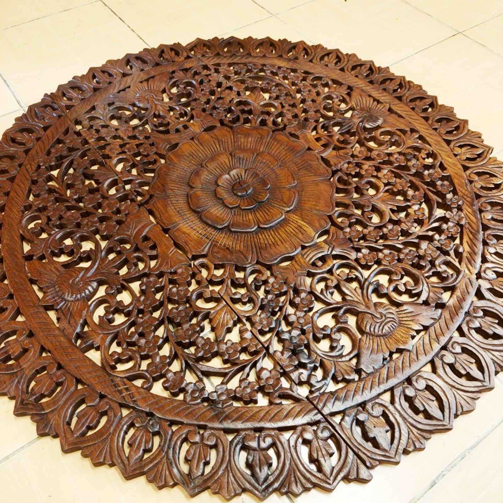 Round Floral Mandala Wood Carving Panel 90 cm, 3-Piece Set