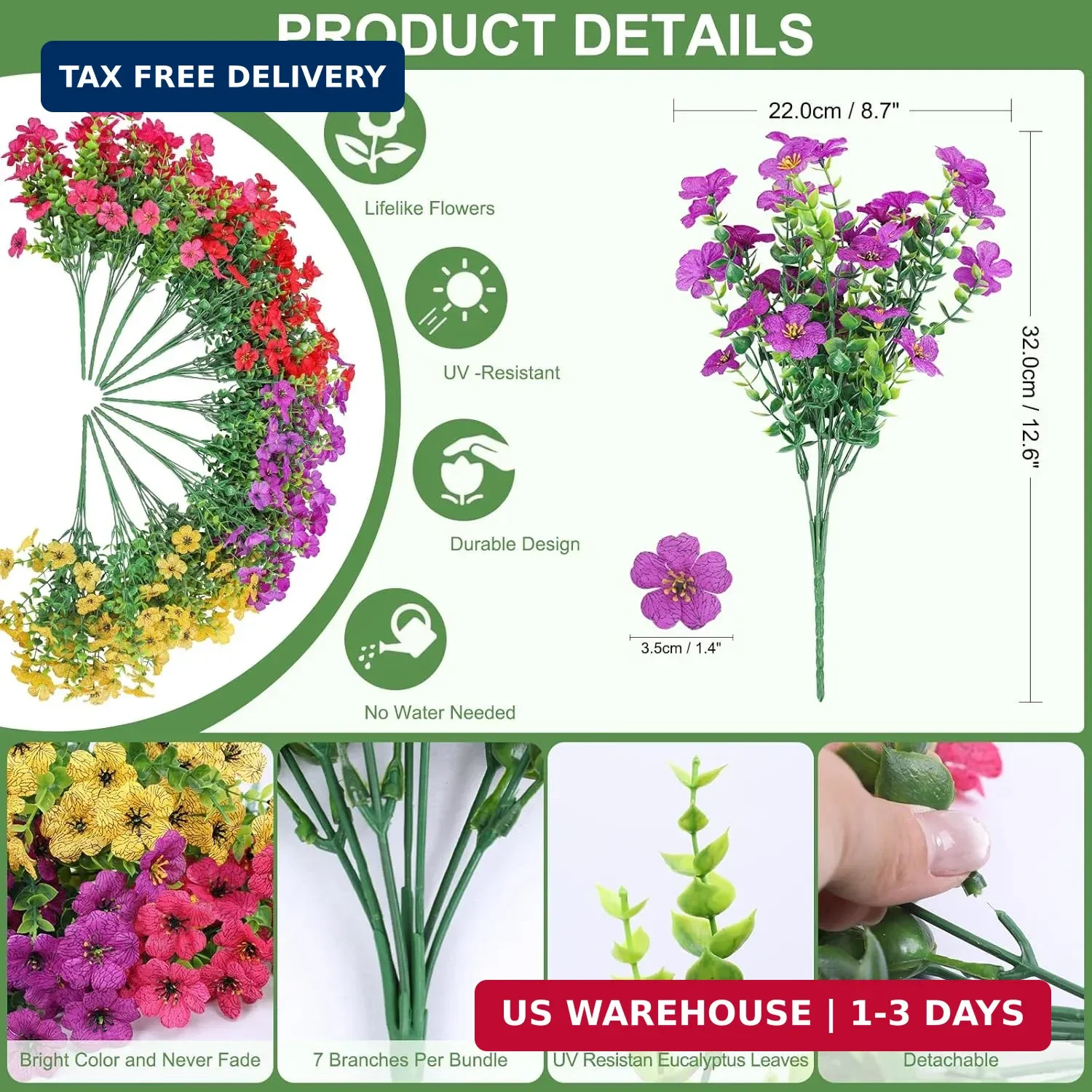 Artificial Fake Flowers Plants for Outdoors, 12 Bundles Multicolor Faux Silk Flo