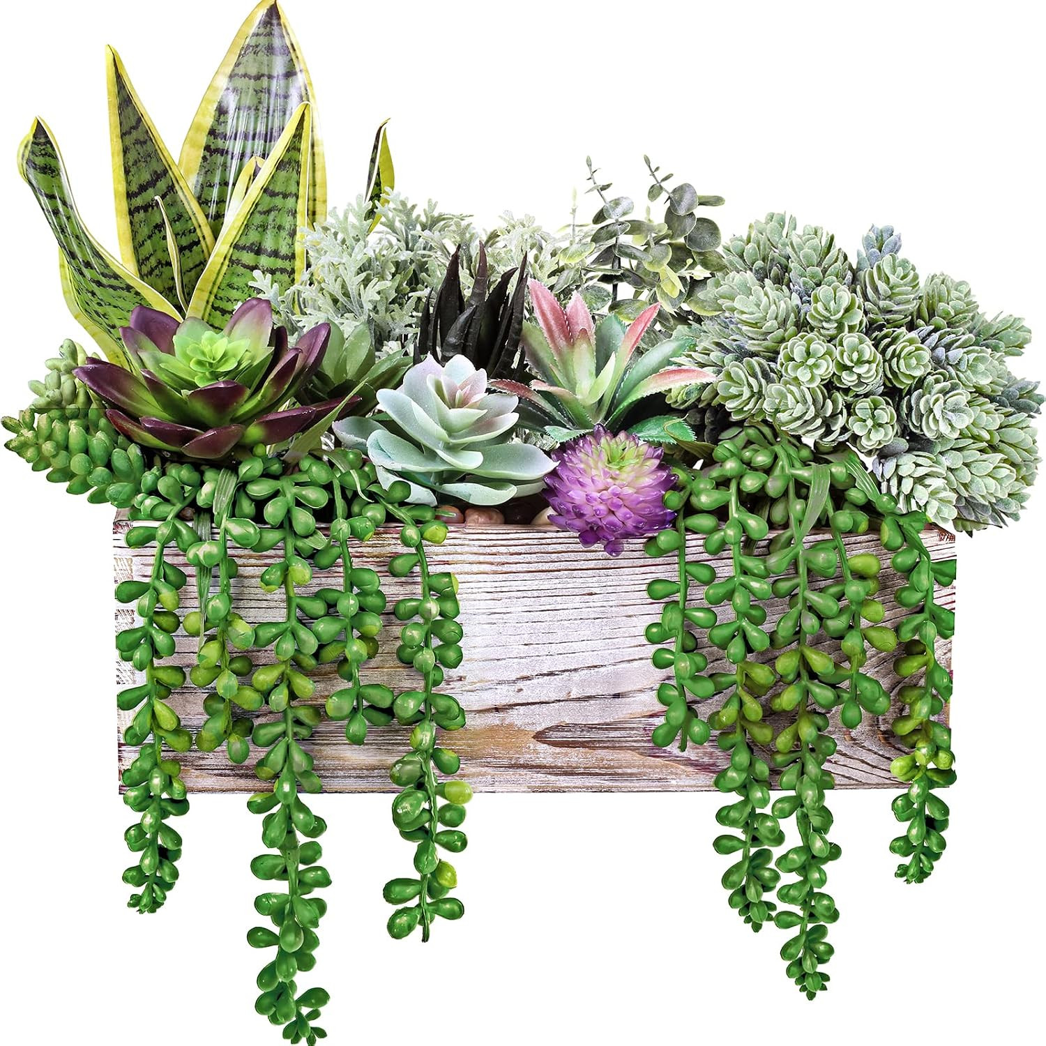 14 Pcs Assorted Artificial Succulents in Wooden Pots for Home Decor