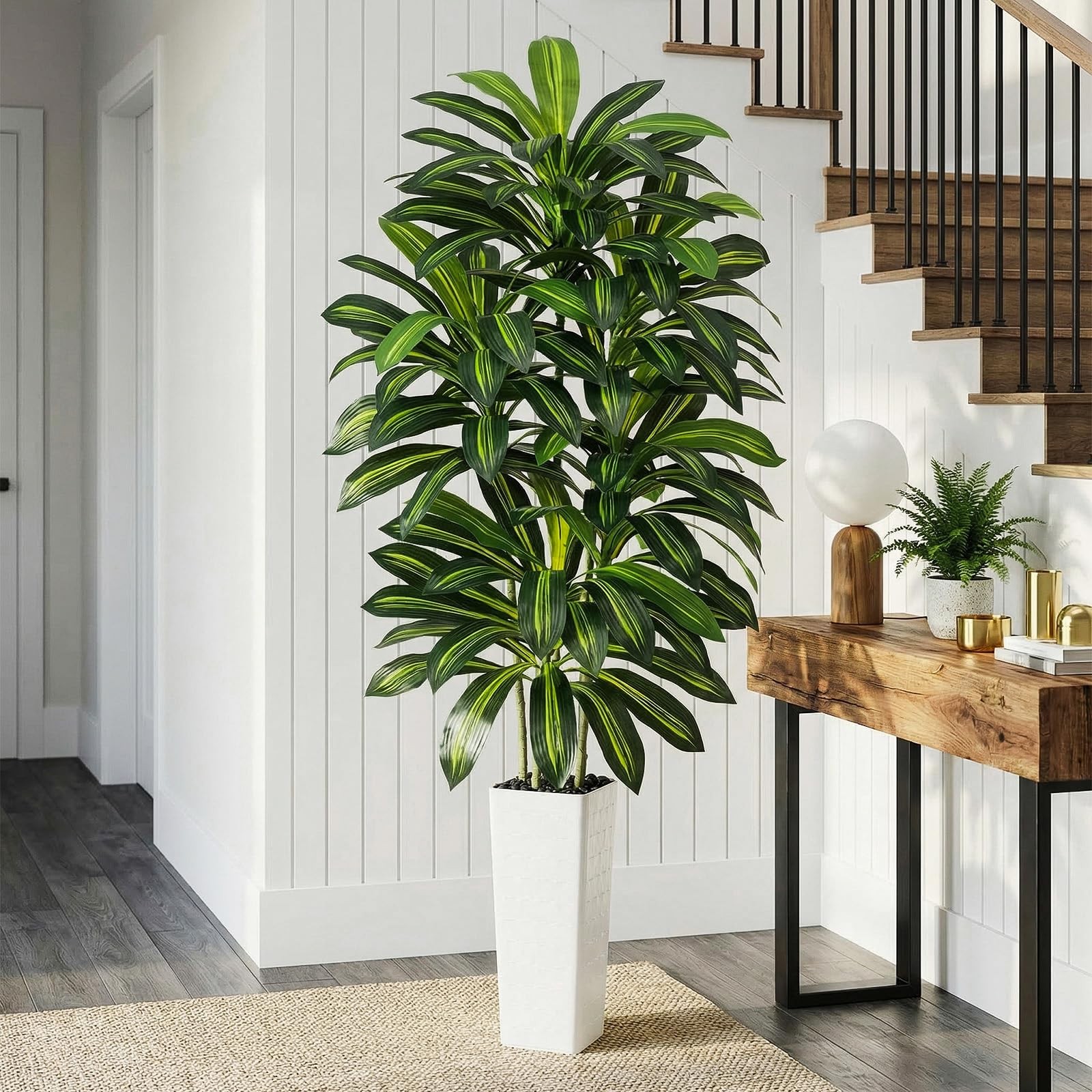 Artificial Dracaena Tree – 7FT Tall Fake Plants with White Tall Planter – Art…