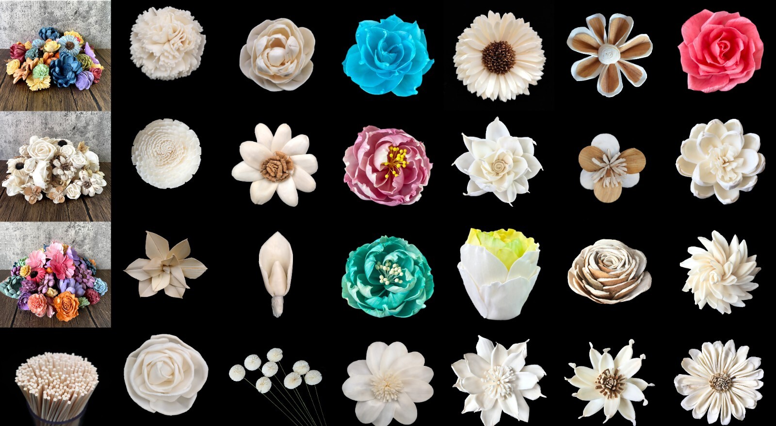 Wood Flowers Bouquet Multi Color Types Handmade with Stems DIY Easy Assemble(23)