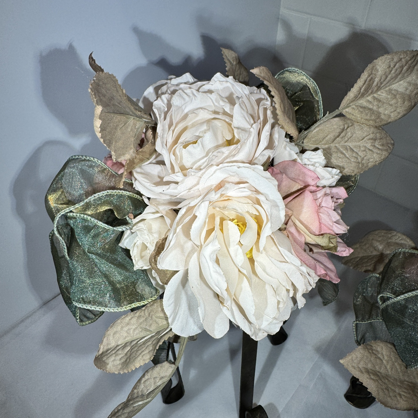 Artificial Pink/Dusty Rose/moss Flower FAUX Bouquet w Iron Legs Green Ribbon