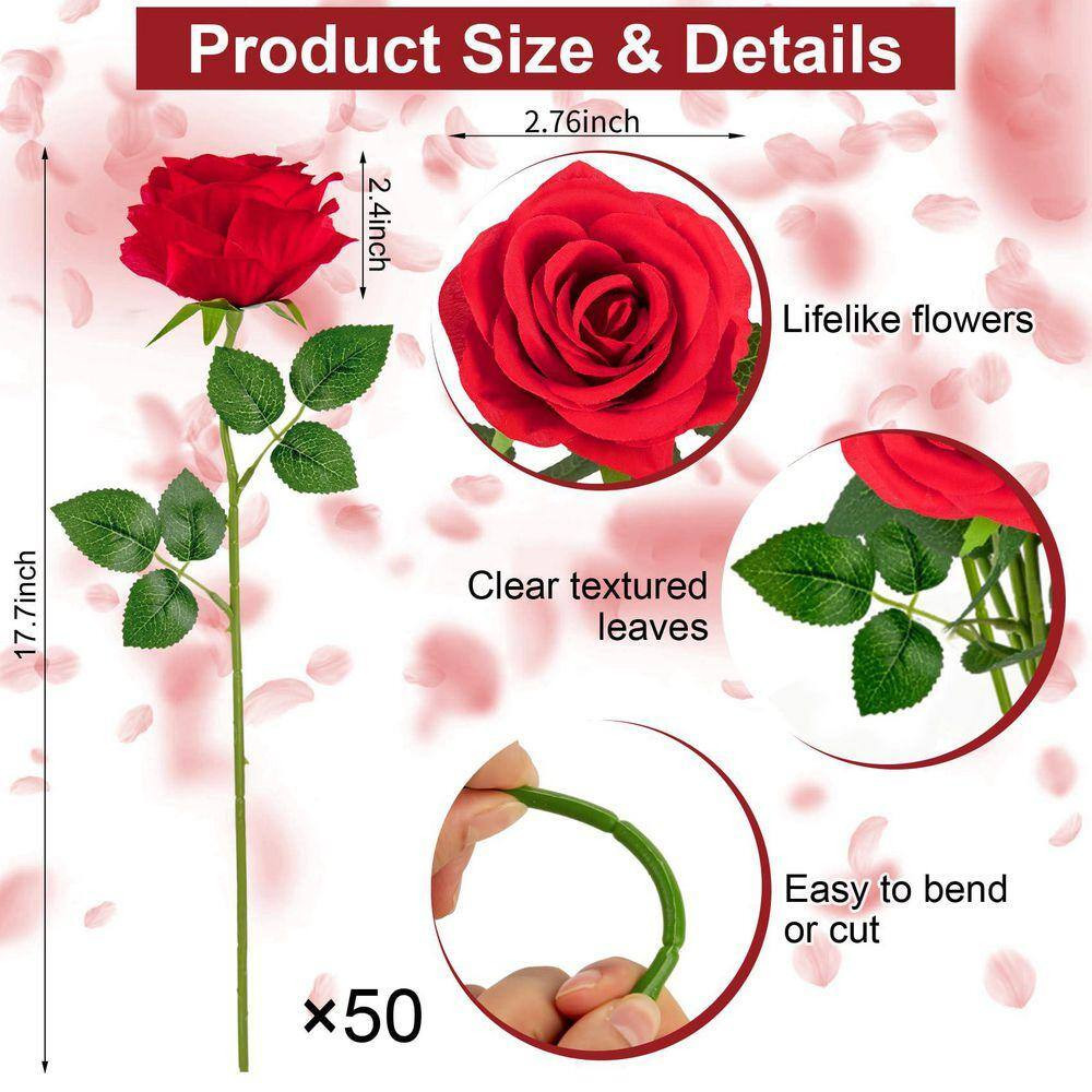 17.7 In. 50 Piece Red Indoor Artificial Roses Silk Flowers for Valentines Weddin
