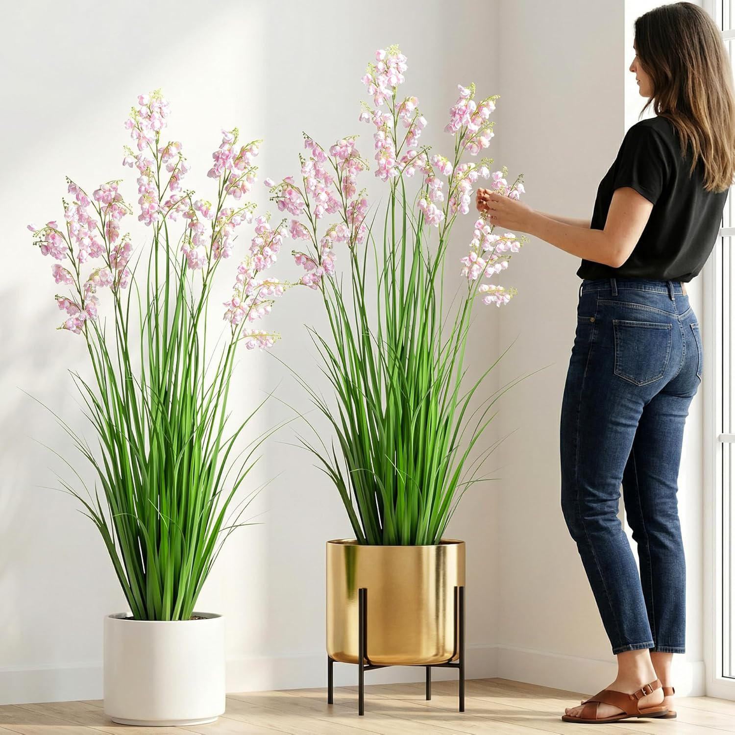 Lily of the Valley & Snake Plant Artificial Decor – 47″ Pink Grass 2Pcs