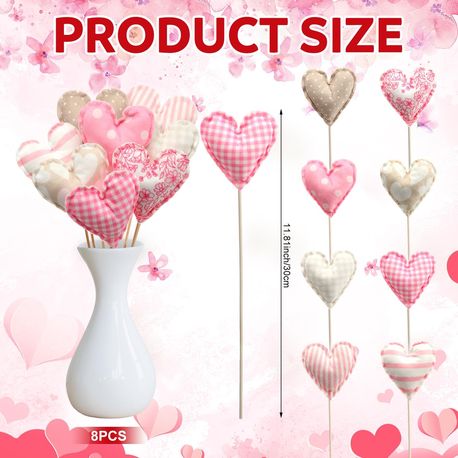 8 Pcs Valentine’s Day Heart Flower Picks Stuffed Fabric Heart on Sticks Plush…