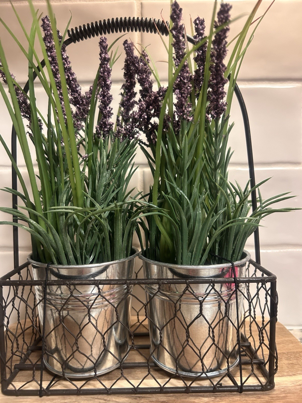 Faux Lavender & Greenery Arrangement, 2 Metal Pots in Black Wire Basket
