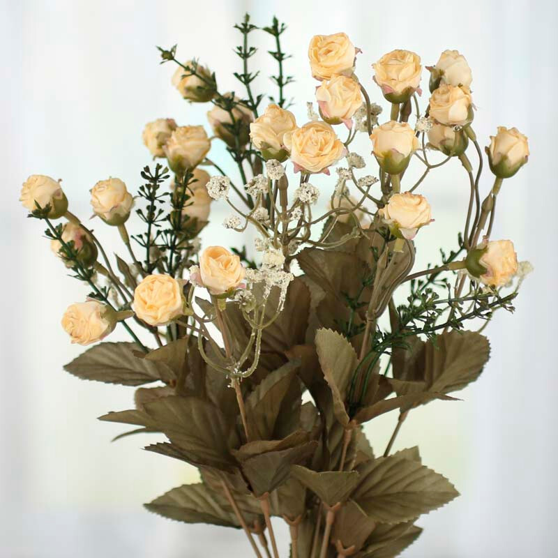 Lot of 2 Artificial Small Dried- Look Antique Beige Rose 15-1/2″ Floral Bushes