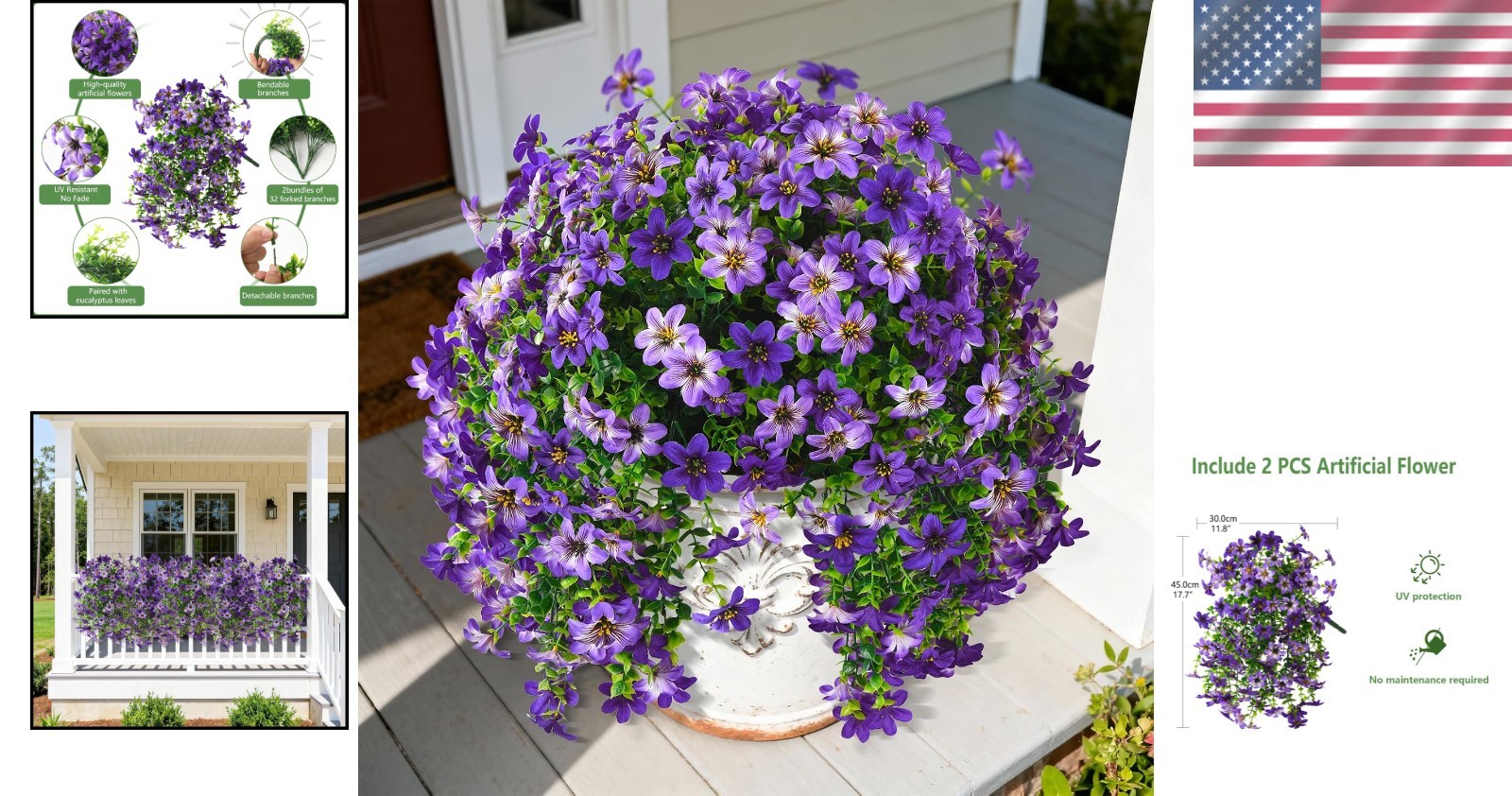 Vibrant Purple Artificial Flowers – 2 Pcs Faux Hanging Plants for Outdoor Decor