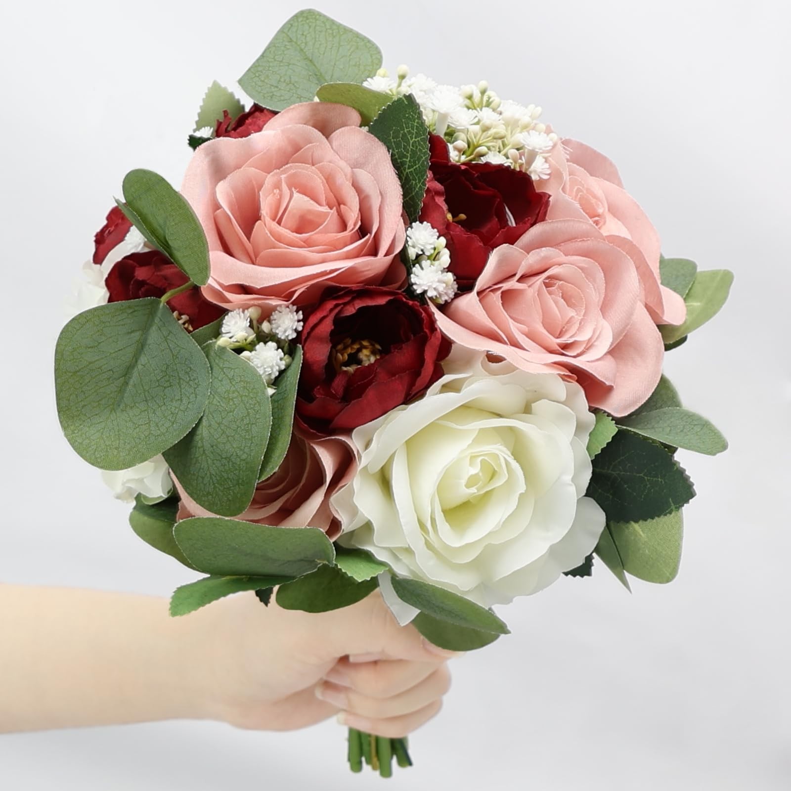 11 Inch Dusty Pink Burgundy Silk Rose Peony Bridesmaid Bouquets Decor