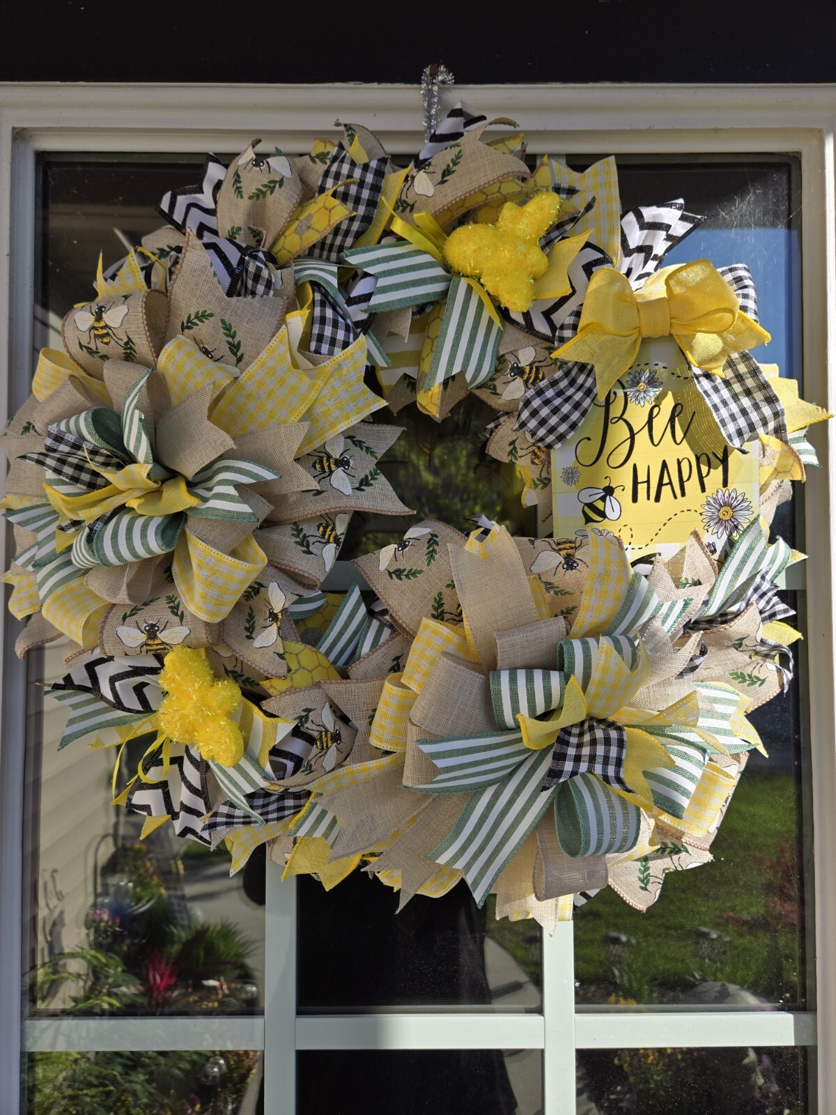 BEE happy WELCOME Spring Summer Fall Front Door Wreath Wall Decor Yellow Green