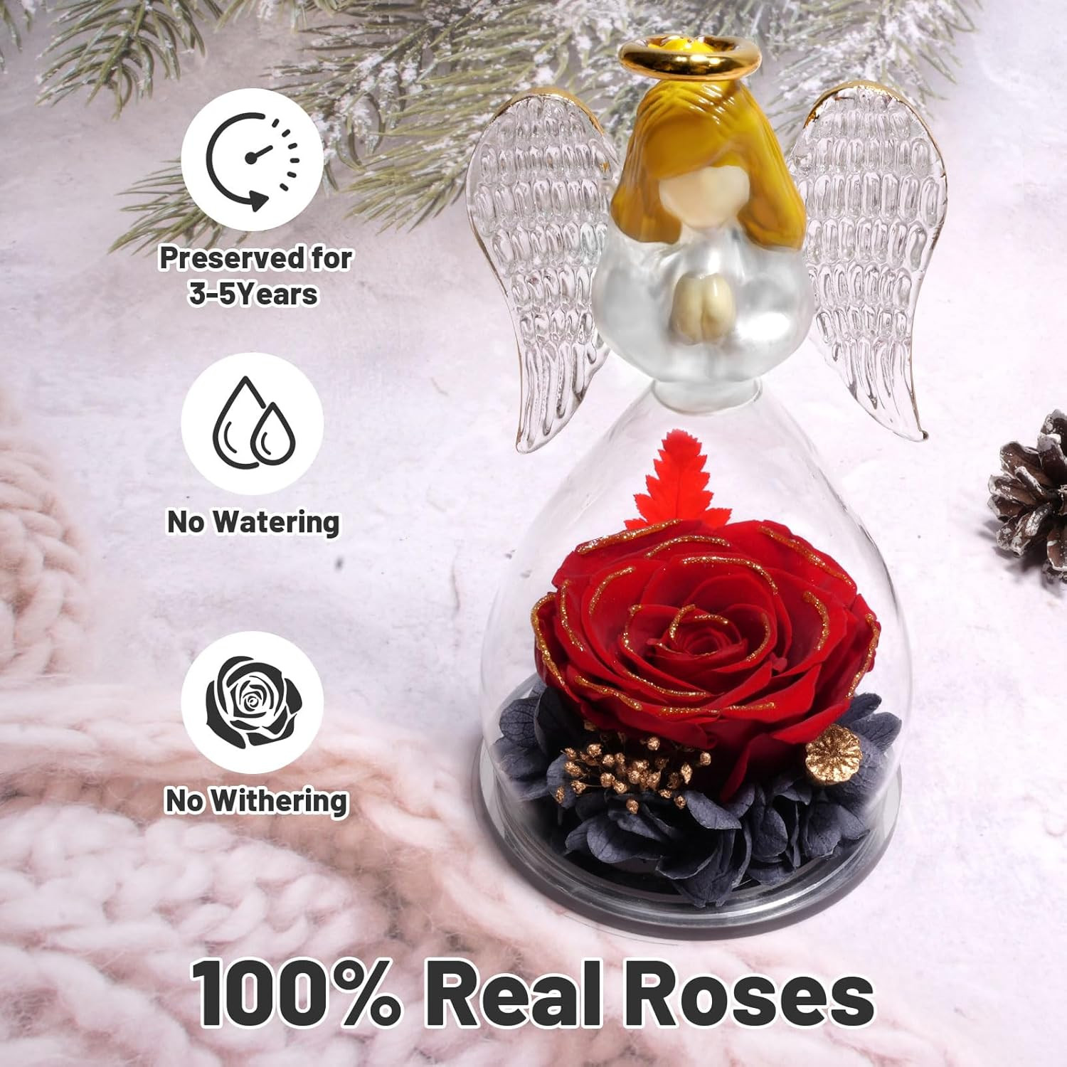 Preserved Flowers Rose Birthday Gifts for Women Mom in Glass Angel Figurines, Mo