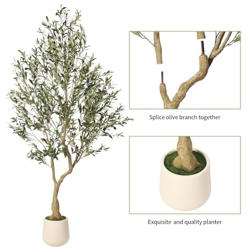 7ft Artificial Olive Tree with Tall Exquisite Planter – Realistic 6ft 11in
