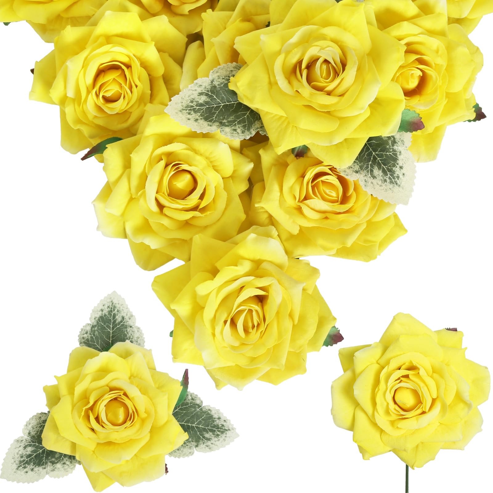 Artificial Flowers – 16pcs Yellow Fake Roses, 4.3″ Velvet Roses for Wedding B…