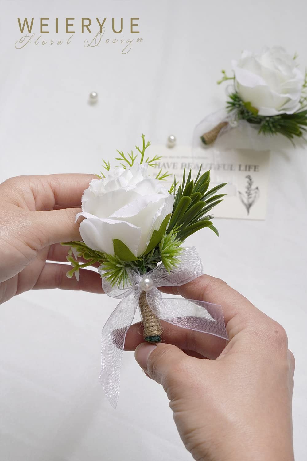 6 PCS Artificial White Rose Wrist Flowers and Mens Boutonniere Corsage Set