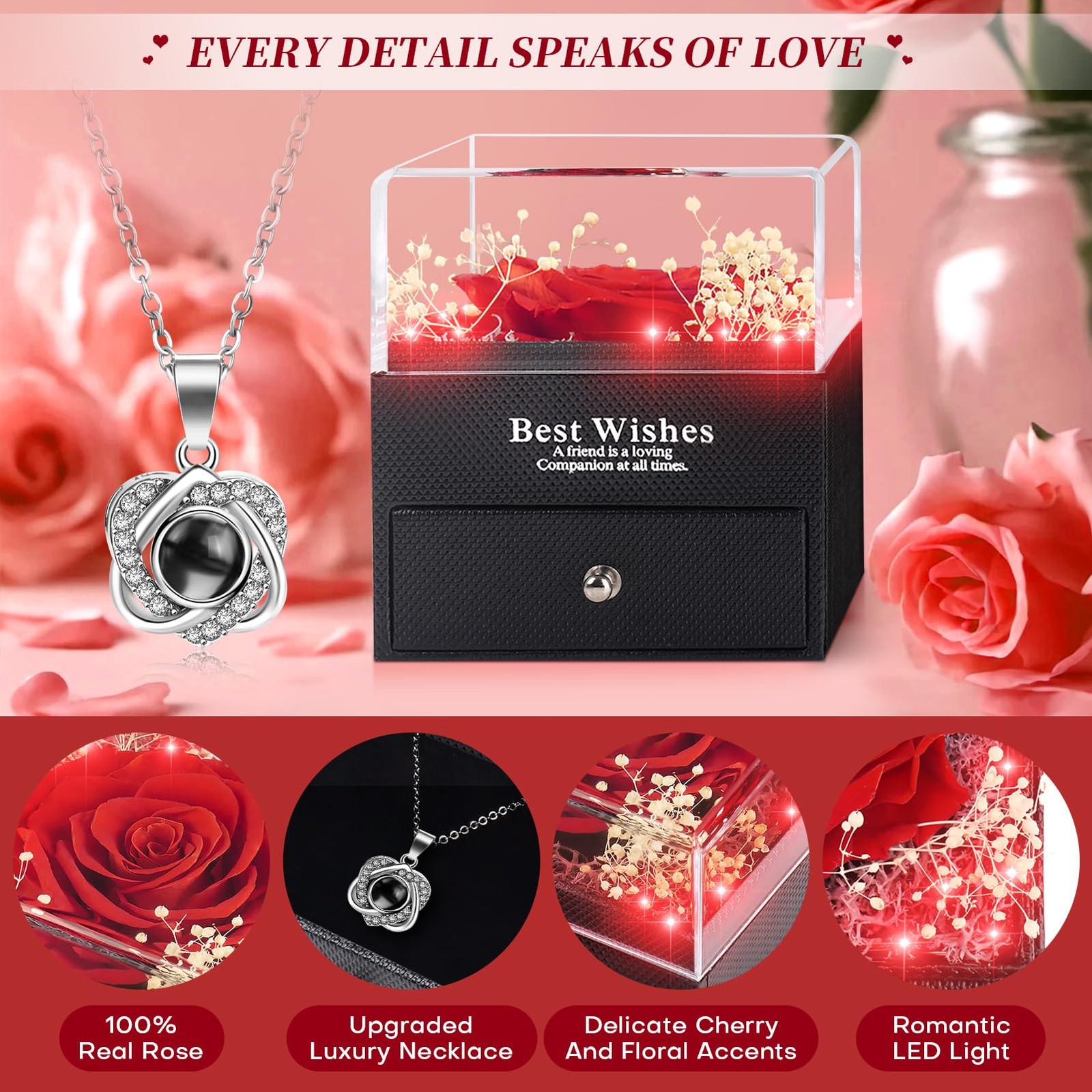 Lighted Preserved Real Rose with I Love You Heart Necklace, Gifts for Christm…