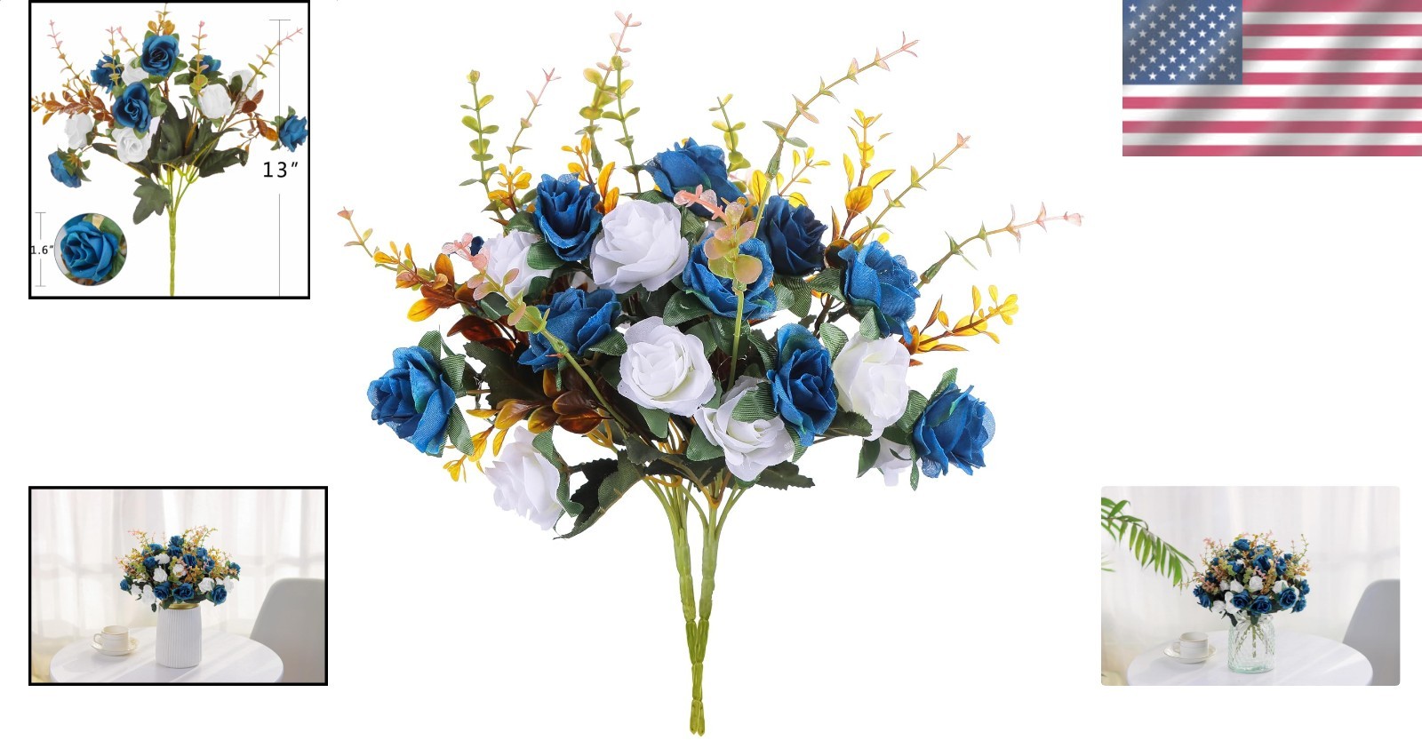 Plastic Flowers 2 Packs Dark Blue Elegant Artificial Roses for Home Office Party