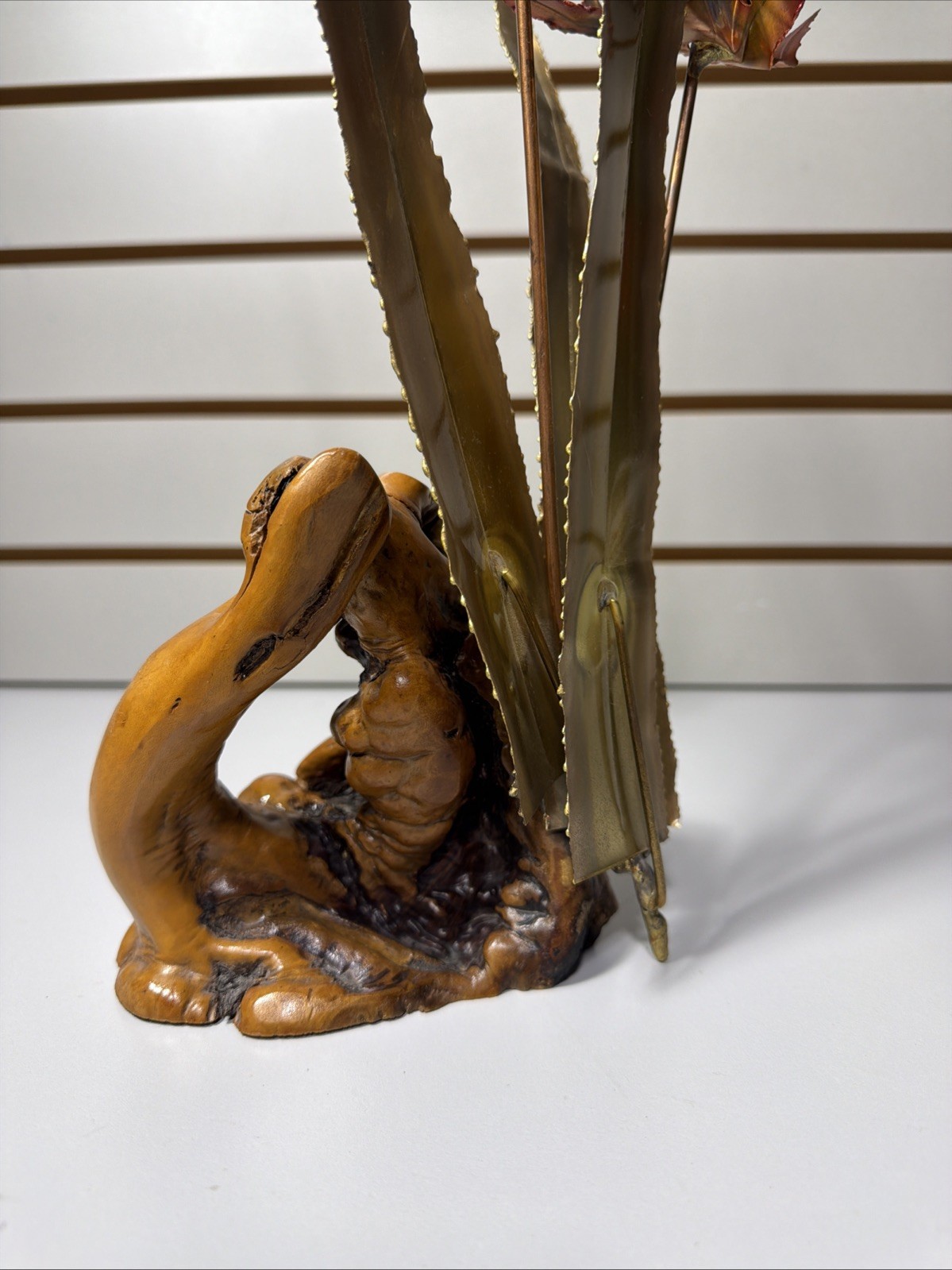 Brutalist Brass Copper Lilies On Burl Wood Stand Mid Century Vintage MCM Floral