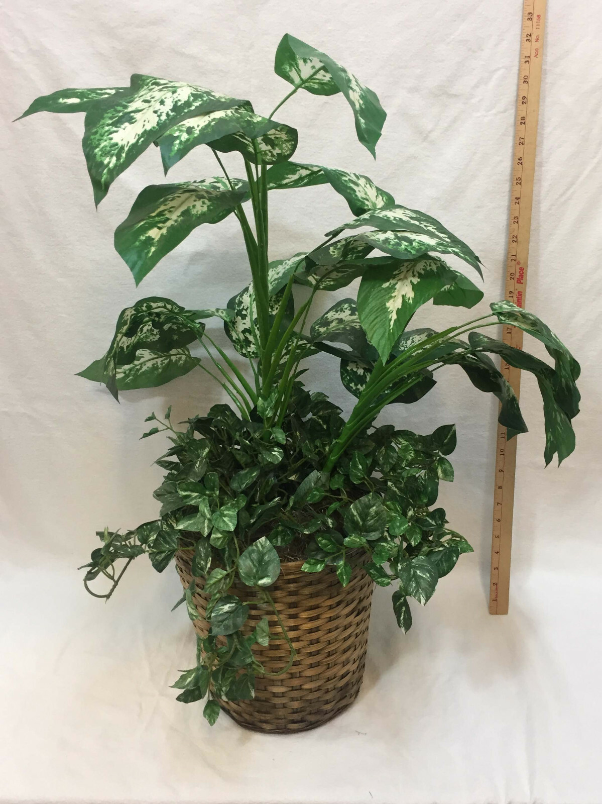 30″ Artificial Dieffenbachia & Ivy Plants Potted Bush Palm In Basket Realistic