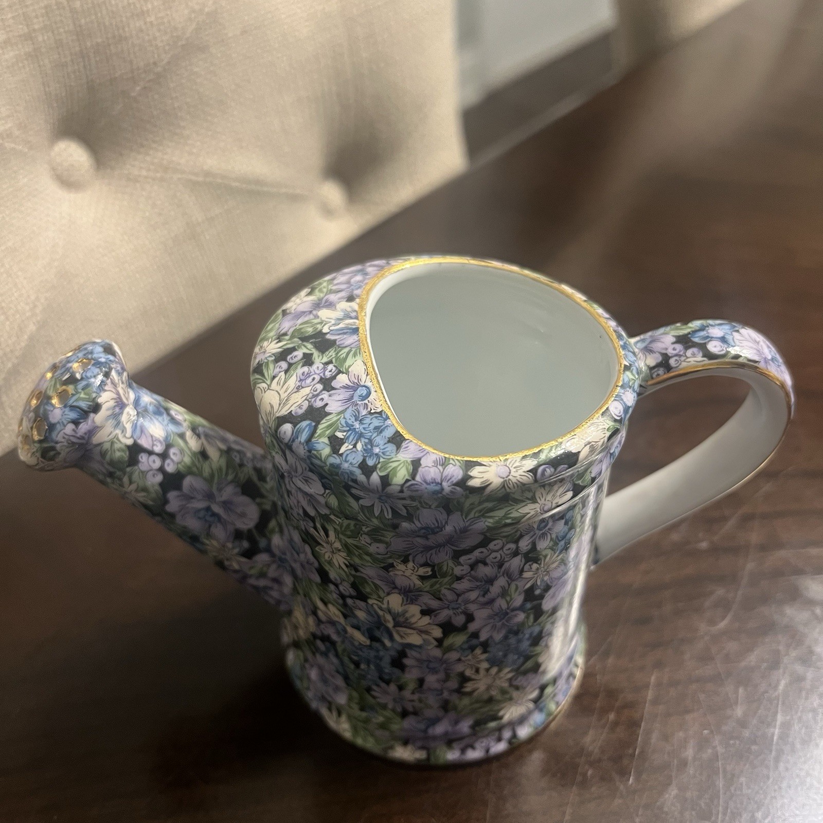 Porcelain Watering Can Two’s Company Mollie Blue Purple Chintz Floral Gold 4”