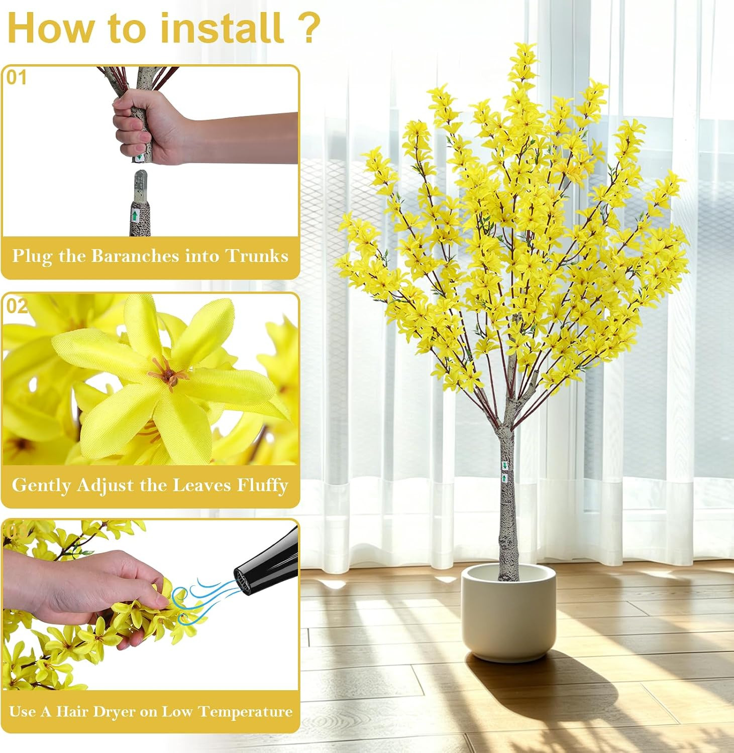 4FT Yellow Faux Forsythia Tree with Pot – Lifelike Indoor/Outdoor Decor
