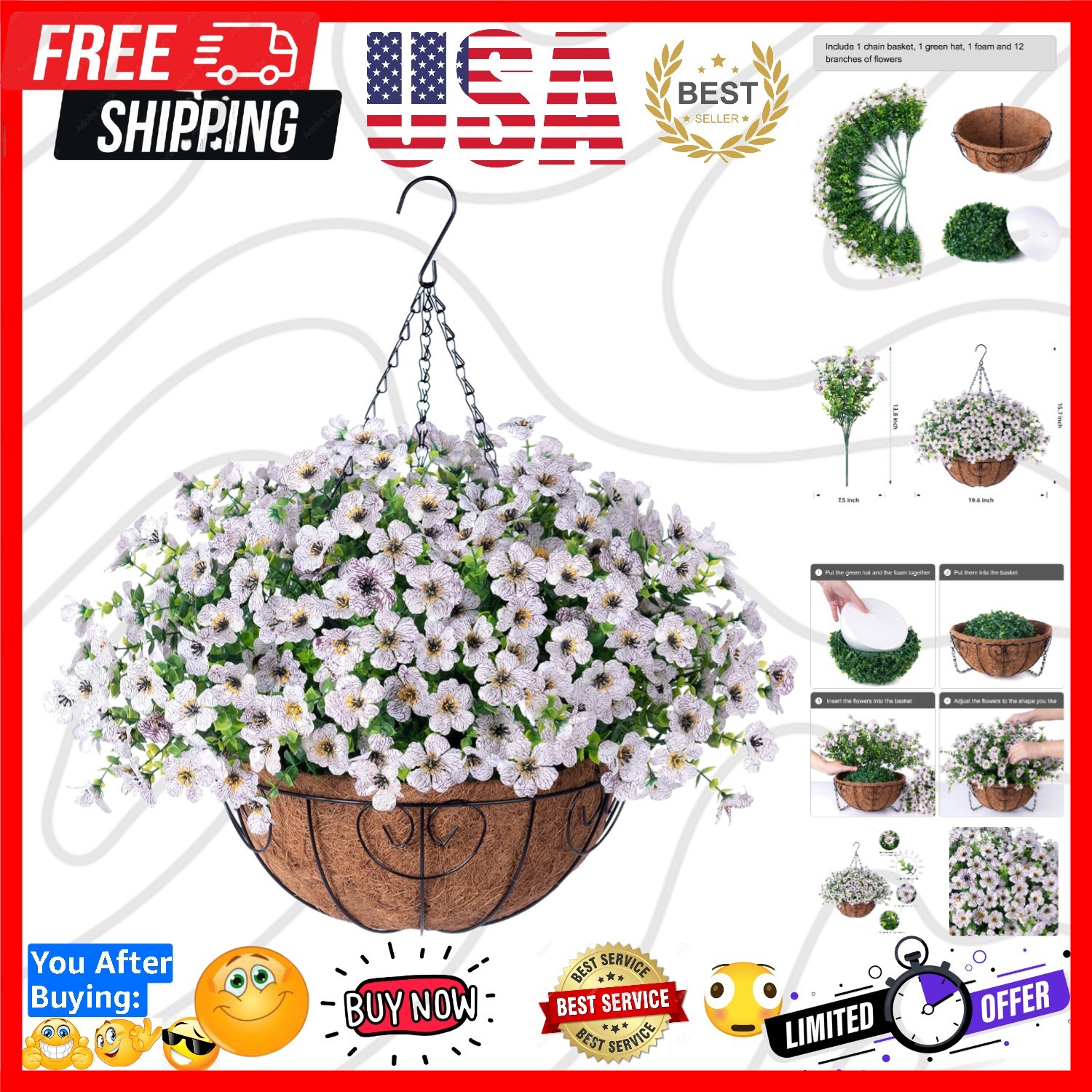 Artificial Fake Hanging White Plants Flowers Basket for Outdoor Fall Winter, …