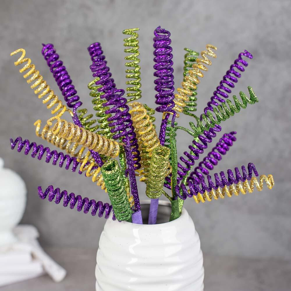 Set of 6 Decorative Mardi Gras Glitter Curly Spring Spray 16″ Stems