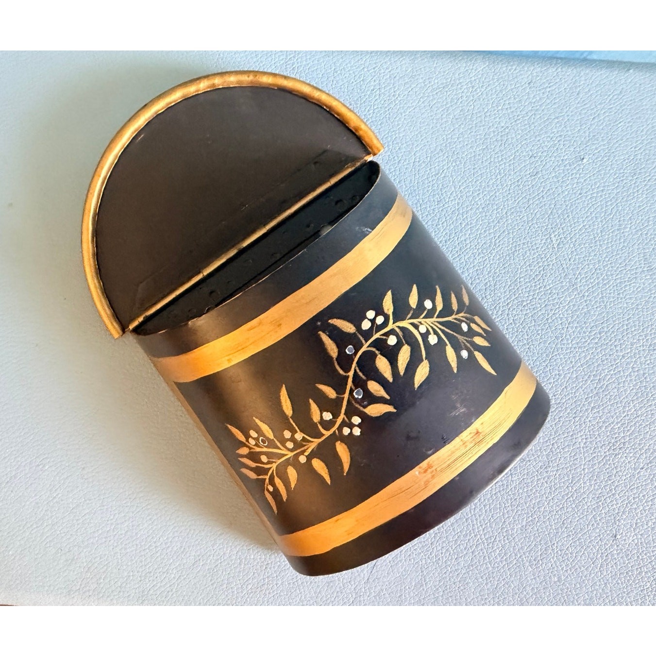 Italian Tole Wall Pocket Hinged Lid Black Gold Hand Painted Made in Italy Box
