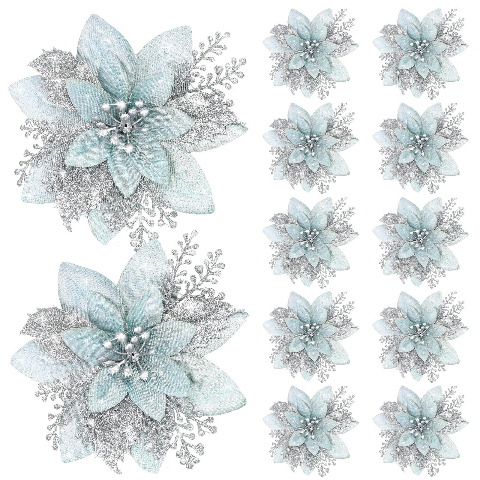 Christmas Glitter Poinsettias 12 PCS 6.3 Inch with Clips Ice Green Silver