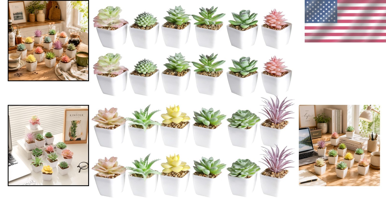 Mini Fake Succulents in Pots, Set of 24 for Office and Home