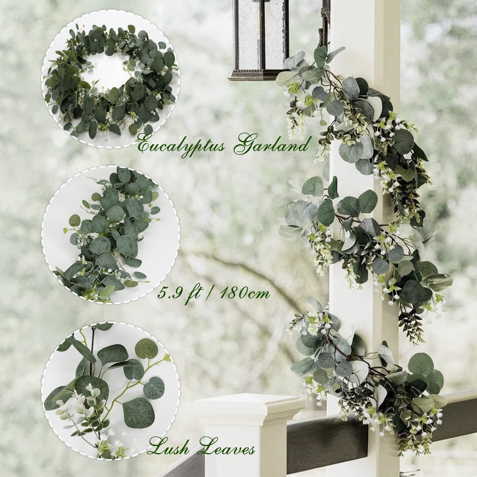 Artificial Eucalyptus Garland with White Flowers 2 Packs 5.9Ft Silver Dollar …