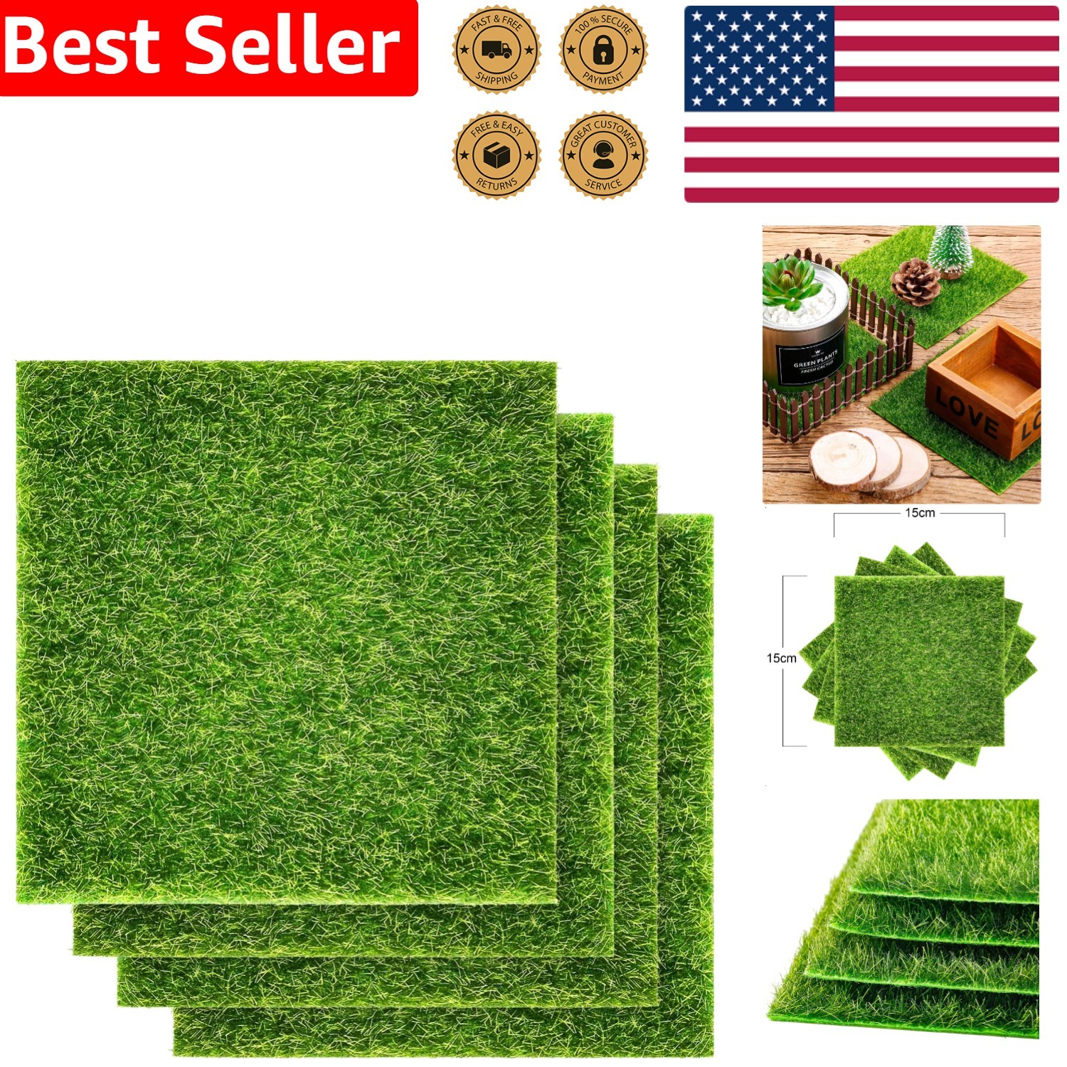 4 Packs Artificial Grass Mats 6×6 Inch Fake Turf Decor for DIY Dollhouse Fair…