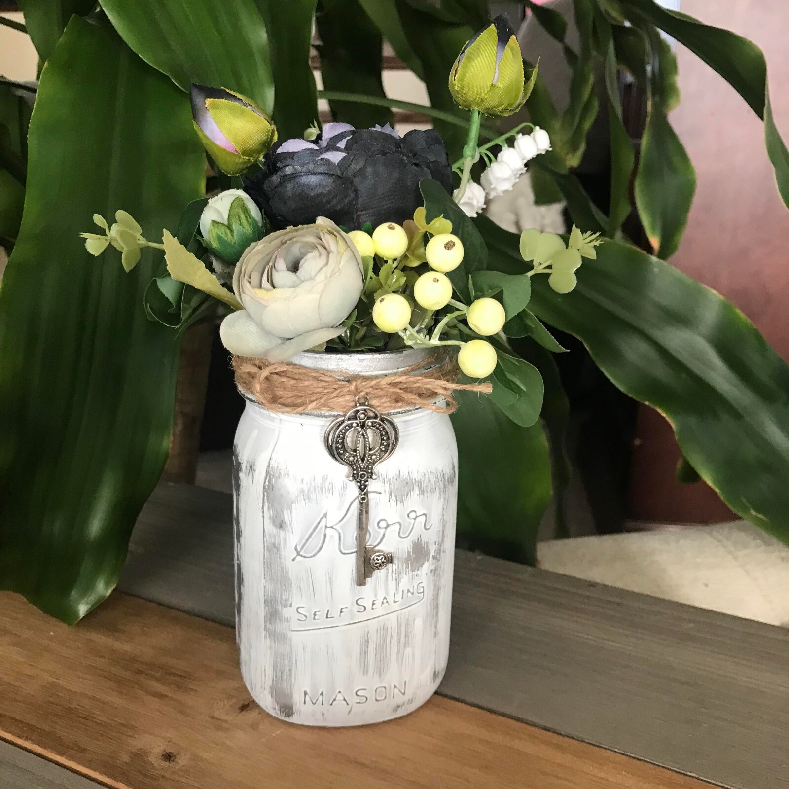 Handmade Black and Gray Floral Arrangement in Kerr Mason Jar
