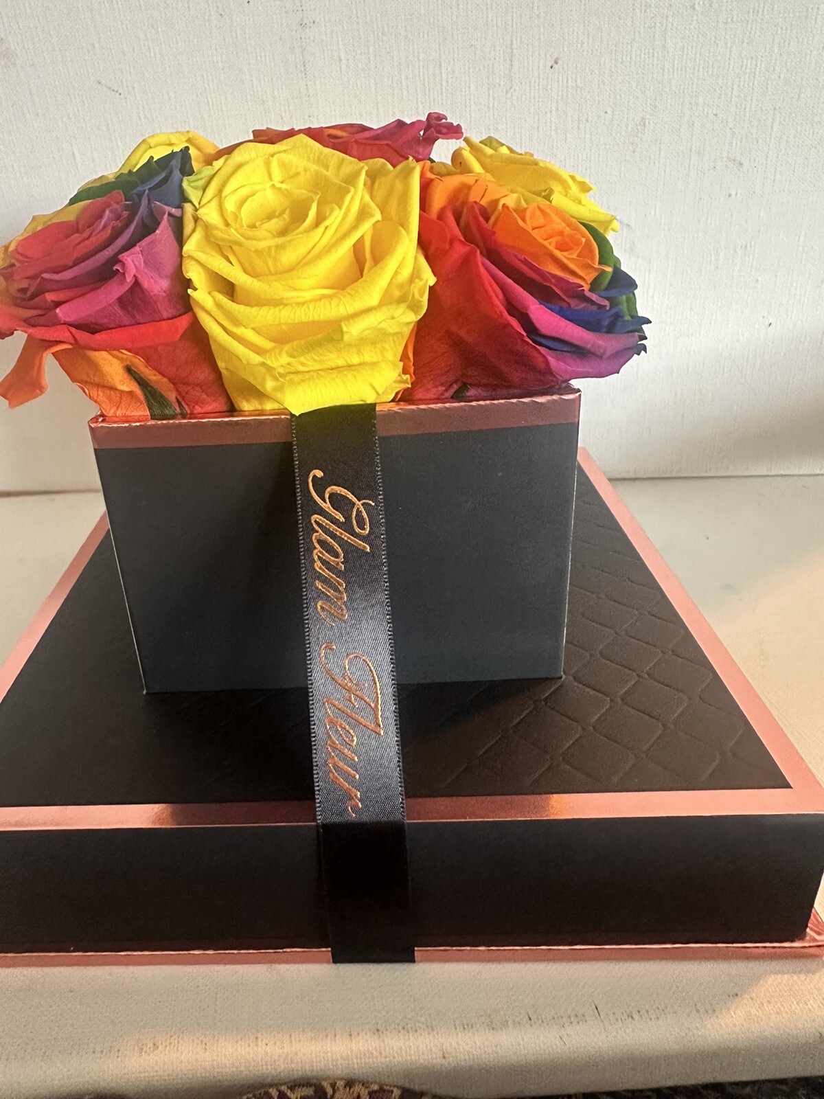 Glam Fleur Preserved 9 Yellow And Colorful Real Roses in Square Gift Box