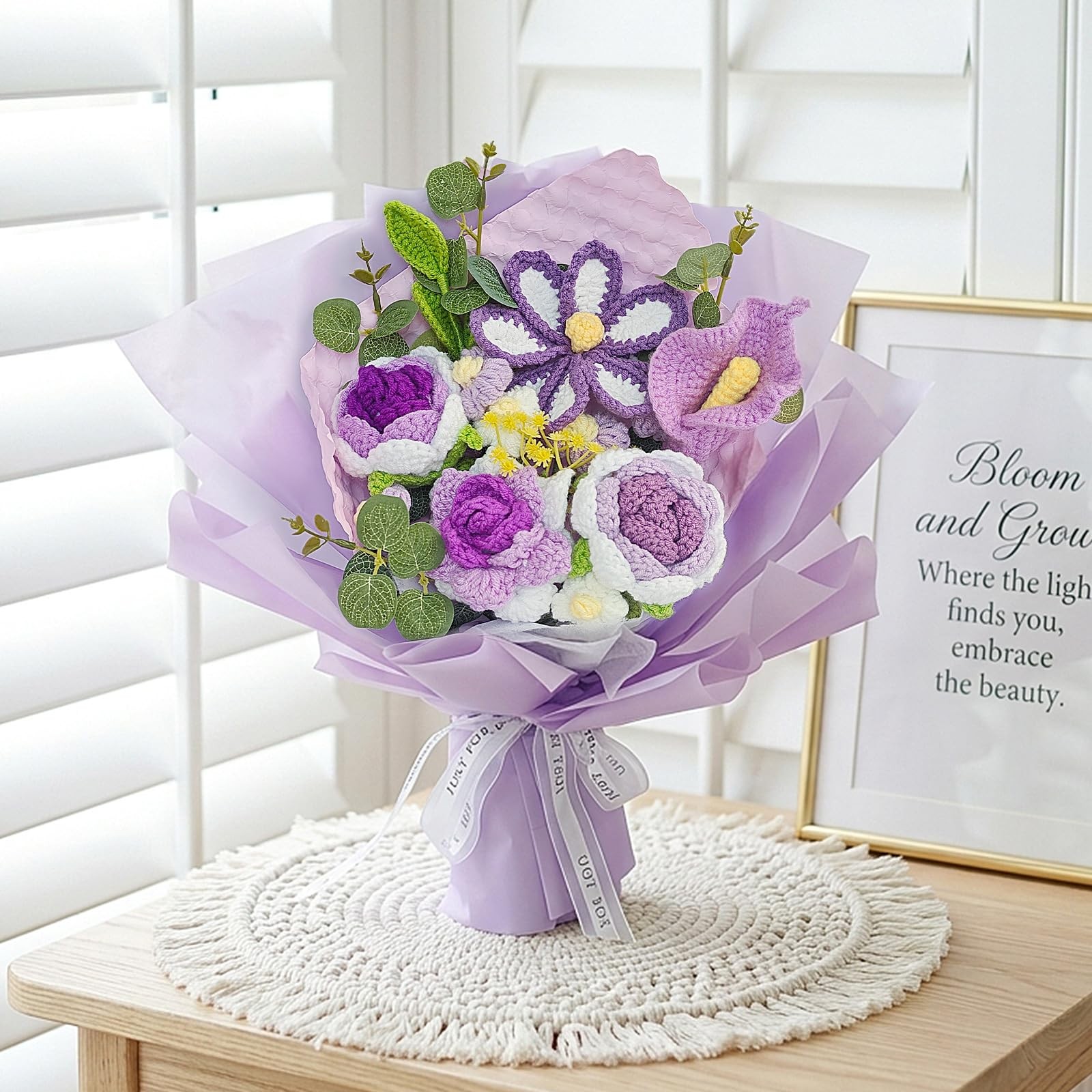Crochet Flower Bouquet Purple, Handmade Knitted Flowers Bouquet, Knitted Flor…
