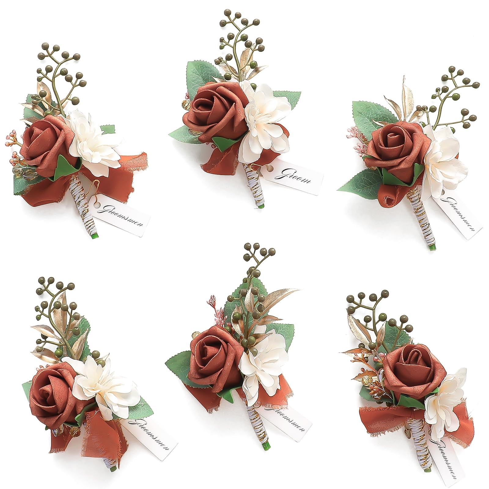 Set of 6 Burnt Orange Terracotta Foam Rose Boutonnieres with Pins for Men Wed…