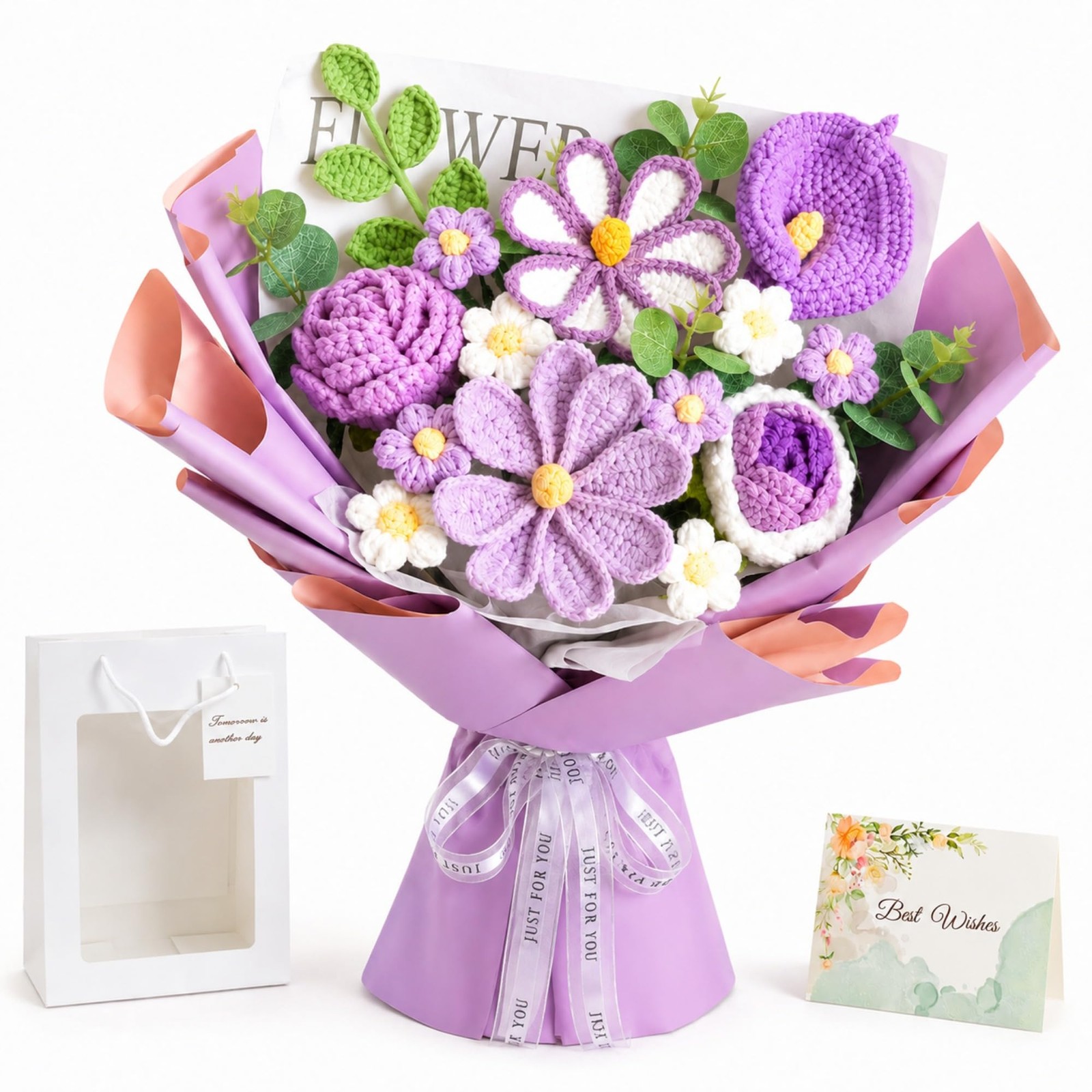 Handmade Crochet Bouquet, Purple Calla Lily & Roses Knitted Flowers with Gift…