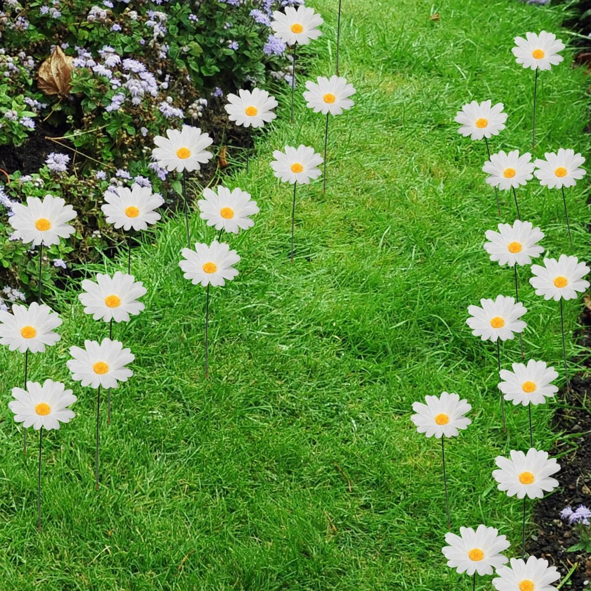 Demonwer 20 Pcs Daisy Garden Stakes Decor White Daisy Flower Garden Stakes Iron