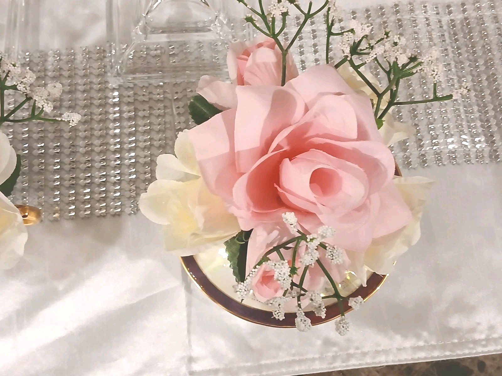 Bridal Pink & White Roses Floral Arrangement Tea Party Cup POP-IN Birthday Love
