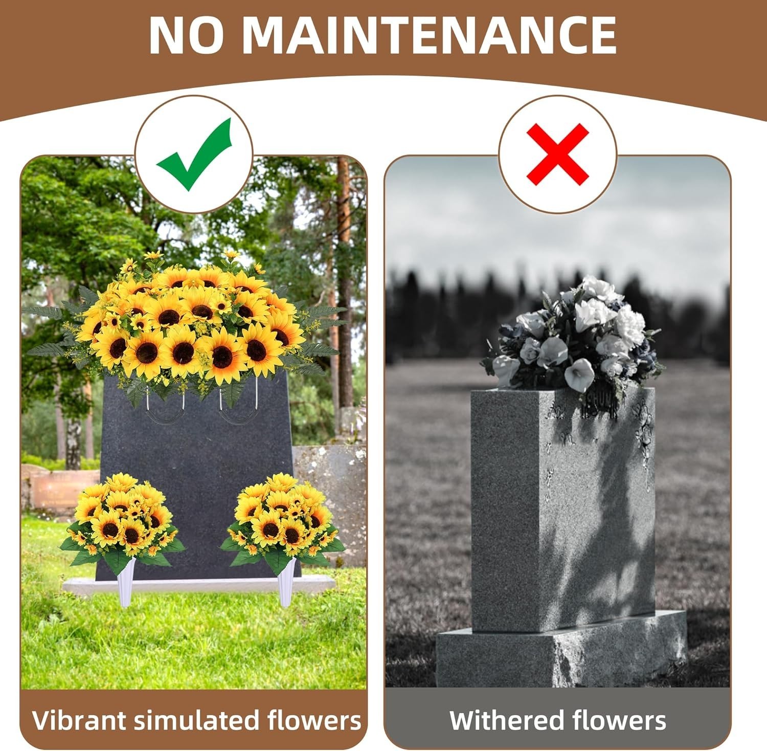 Artificial Cemetery Flowers Grave Saddle Silk Sunflowers Memorial Flowers 3PCS