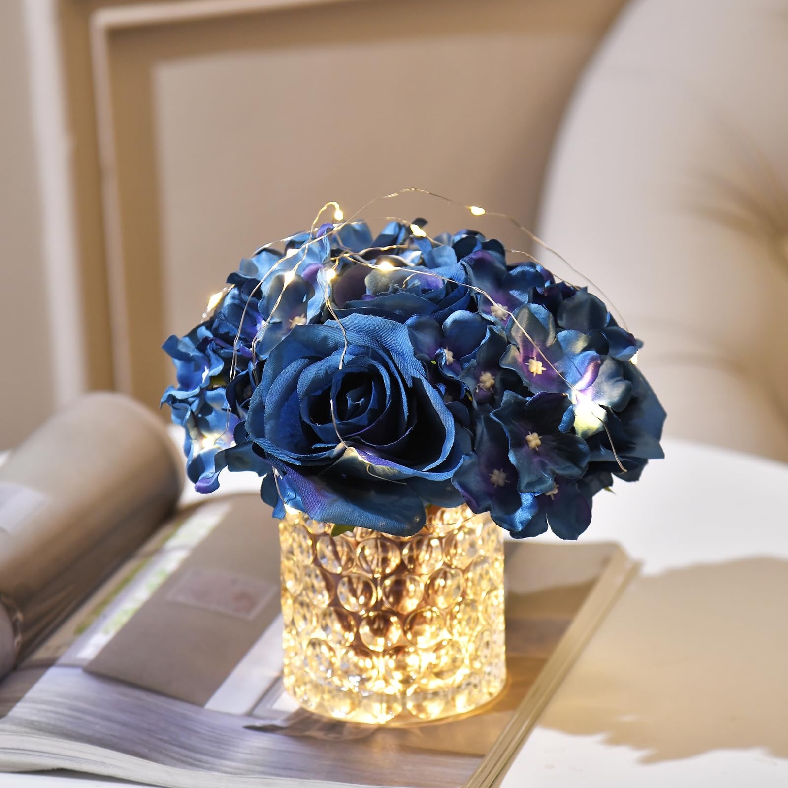 Rose Silk Flower Arrangement Artificial Vivid Rose in Glass Vase with LED Lig…
