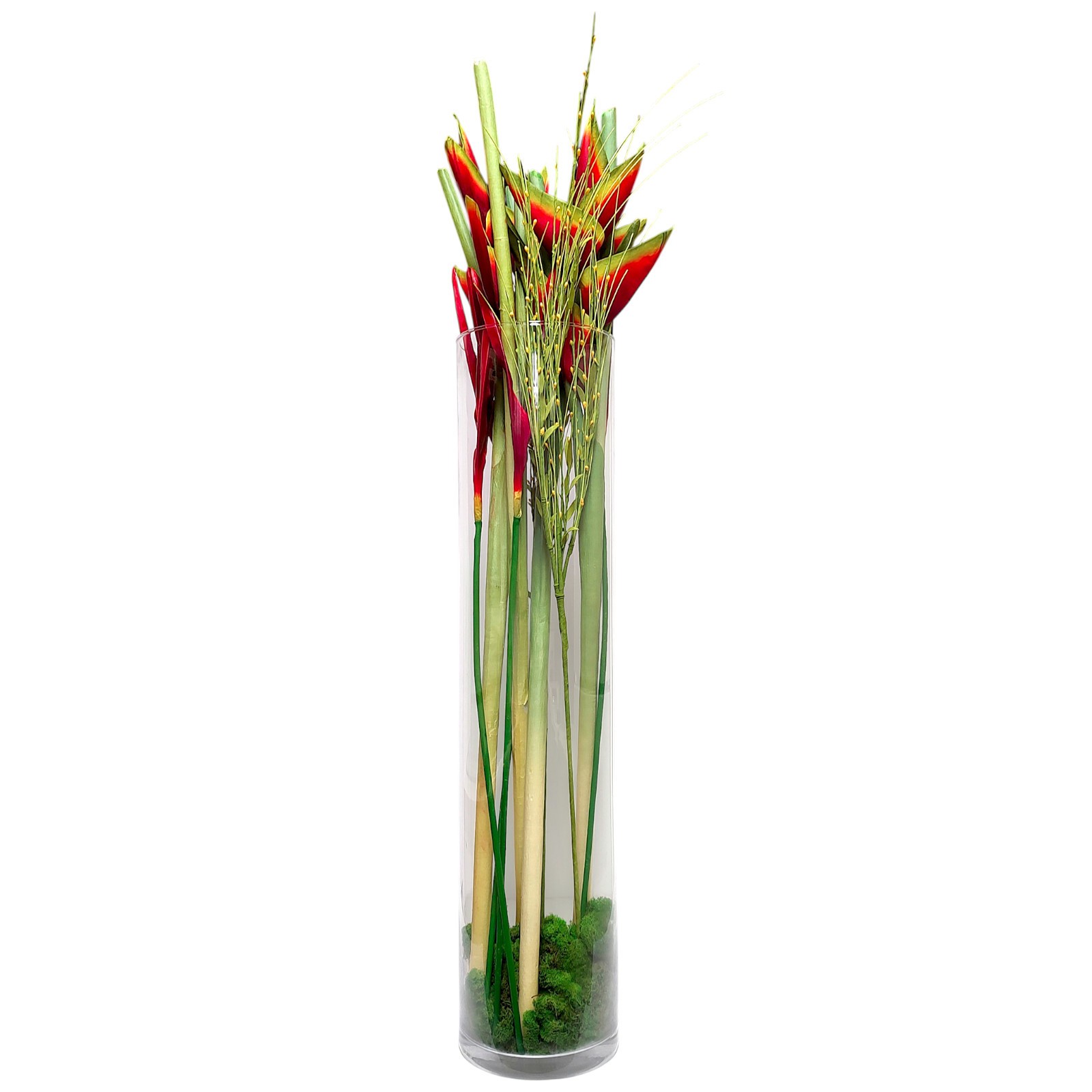 37″ Realistic Heliconia Iris Red Arrangement In Clear Glass Cylindar Floor Vase