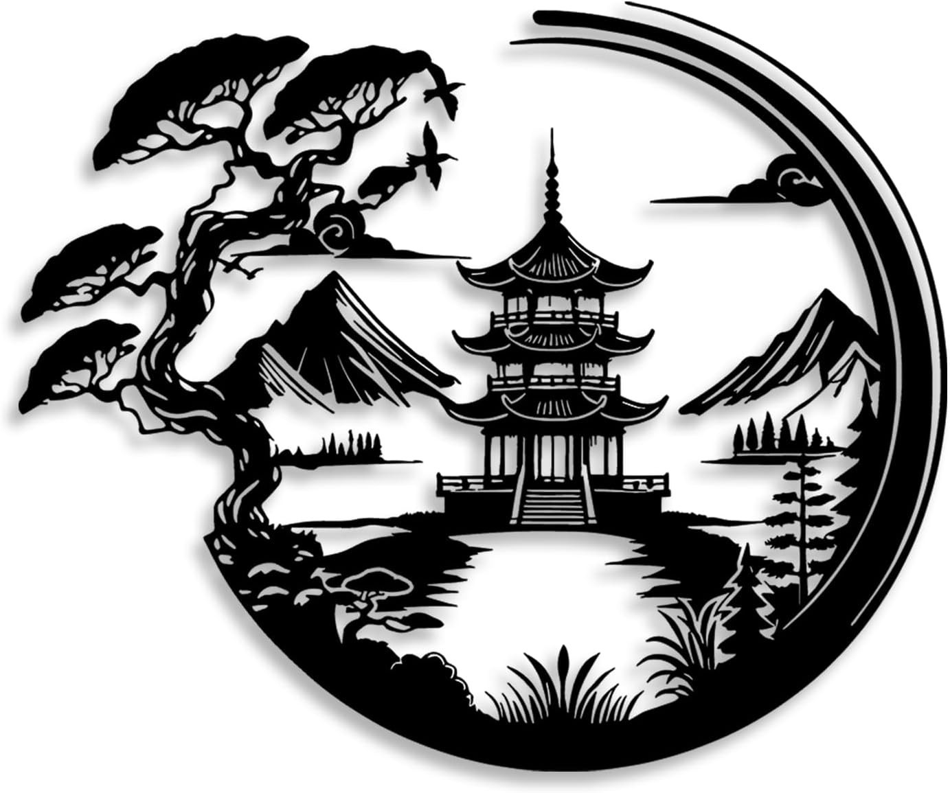Bonsai Tree Torii Gate Metal Wall Decor – Japanese Style Room Decor Black Wal…