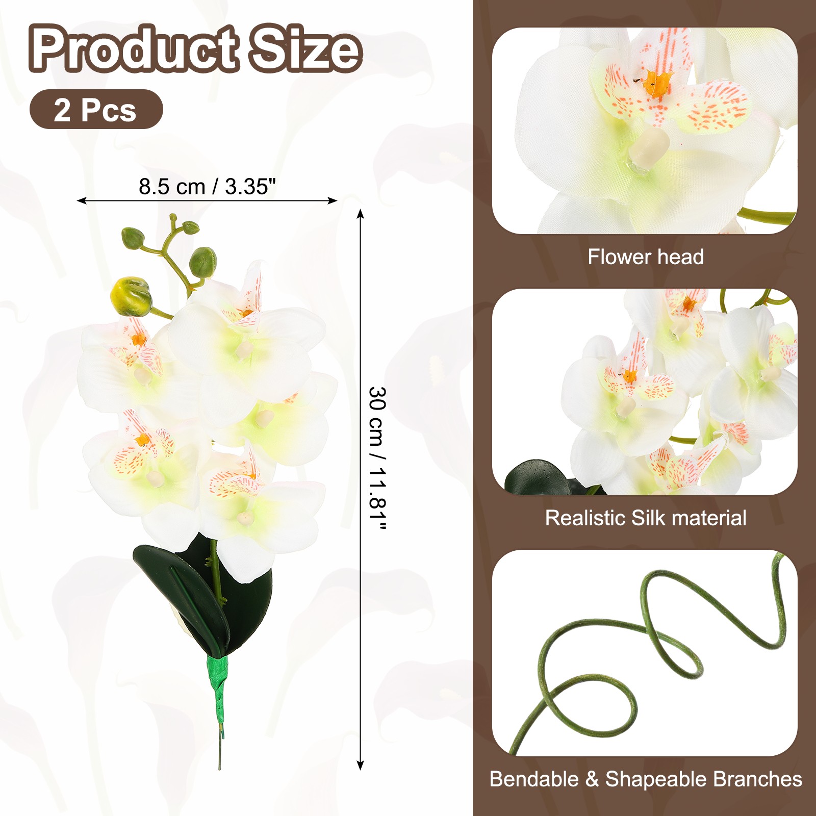 2 Pcs 11 Inch Artificial Phalaenopsis Fake Flowers Real Touch, White