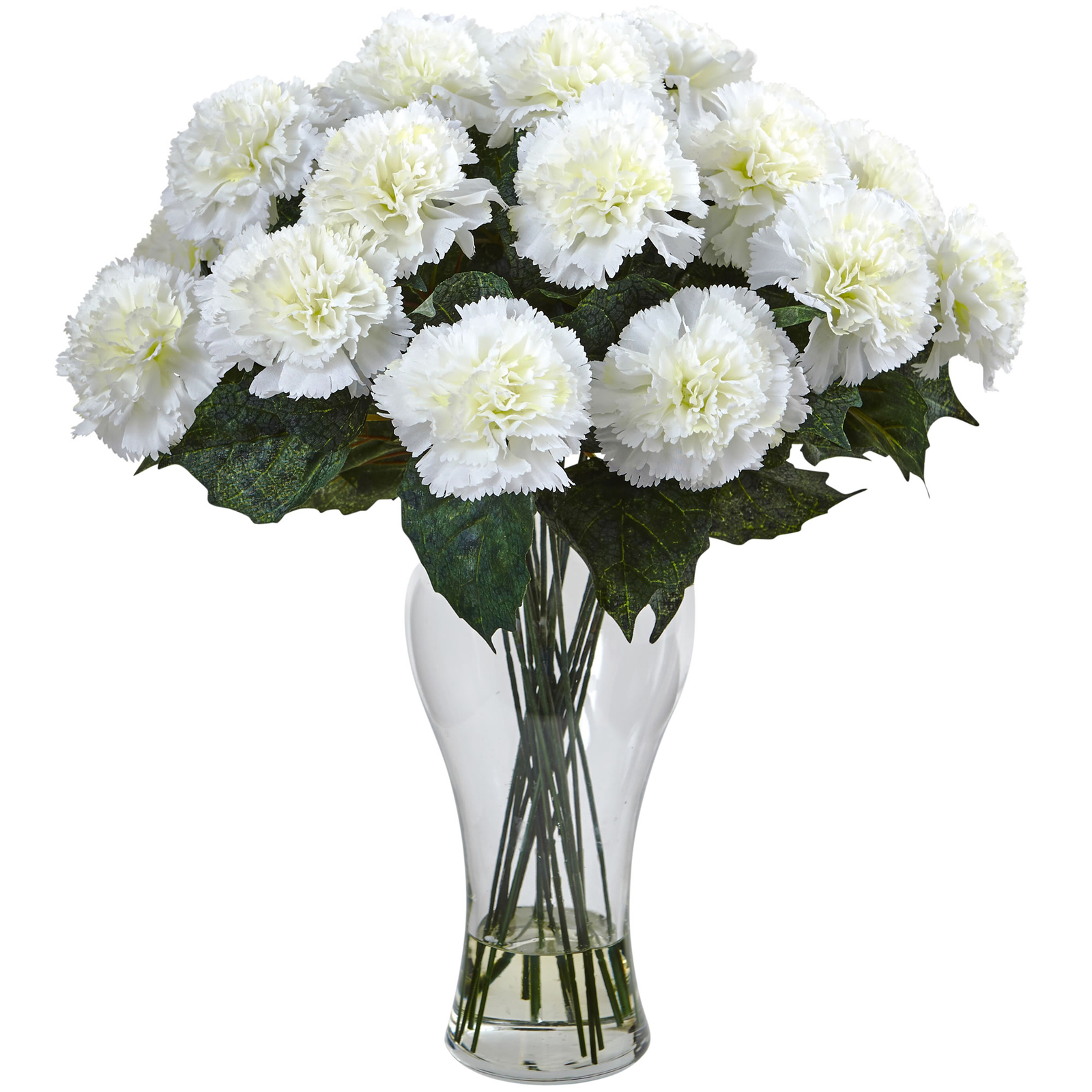 18″ Cream Blooming Carnation Arrangement in Liquid Illusion Glass Vase Faux