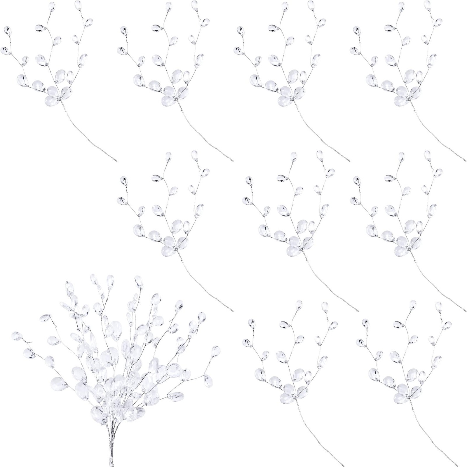9 PCS Acrylic Crystal Flower Branches Artificial Bead Drop Bouquets Clear