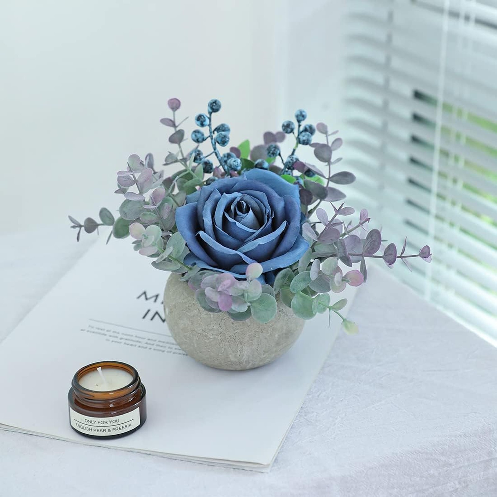 Small Artificial Blue Rose Potted Plant 6 Inch Faux Silk Flowers in Round Pot