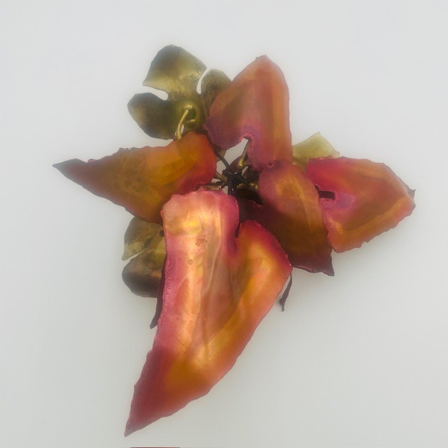 Vintage Gold Red Flowers & Leaves Copper Brass Metal Sculptures – 3 Pcs