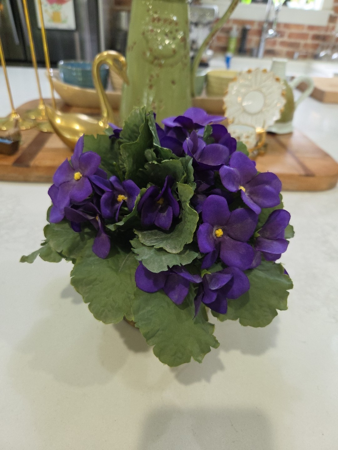 Artificial Miniature African Violet Silk Flowers In Solid Brass Pot Plant Decor