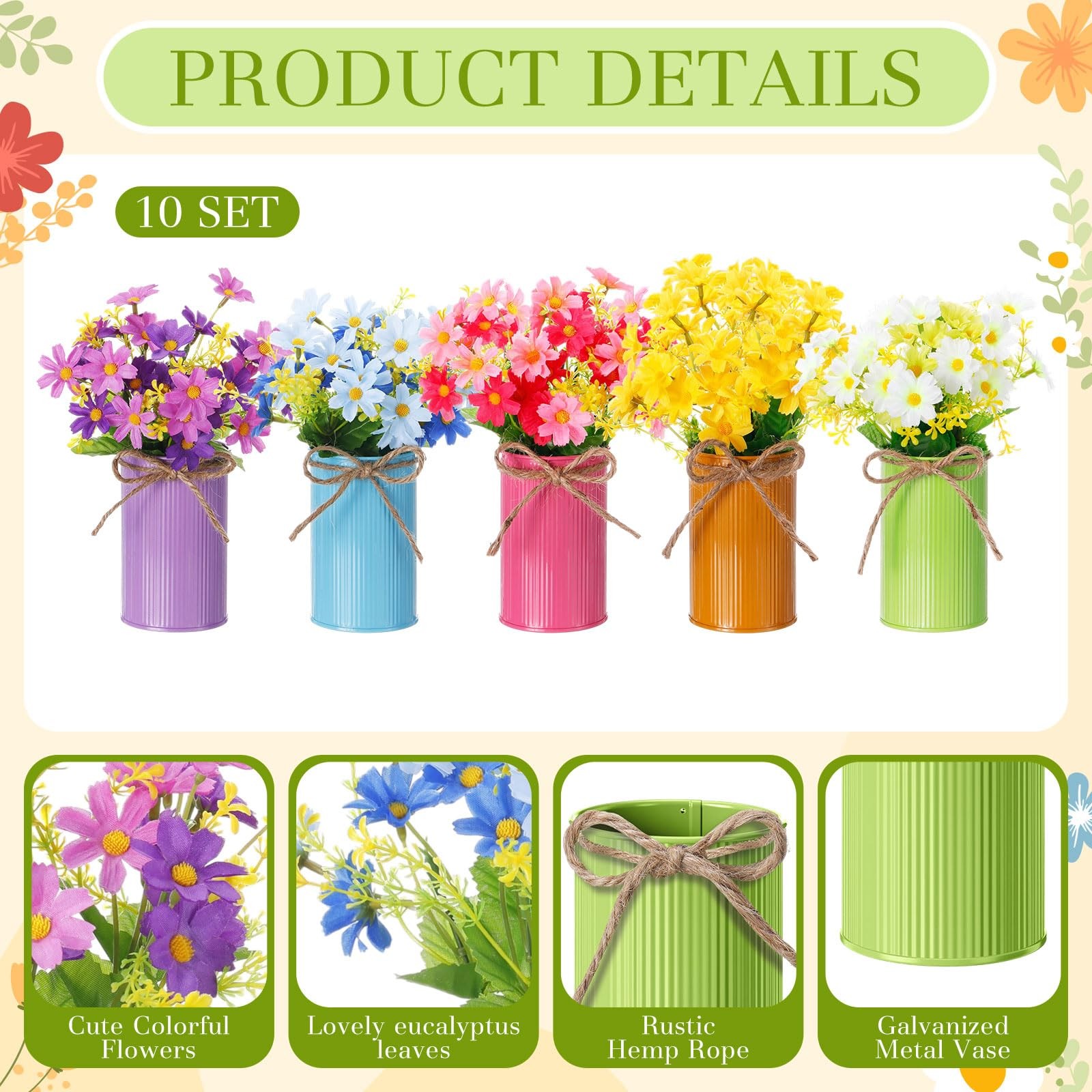 30 PCS Spring Centerpiece Office Decor Galvanized Metal Bucket Daisy Floral